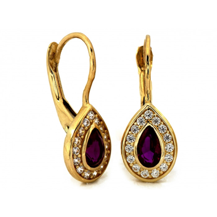 Eleganckie złote kolczyki 585 angielskie kropla z czerwonym środkiem i cyrkoniami 14k Eleganckie złote kolczyki 585 angielskie kropla z czerwonym środkiem i cyrkoniami 14k