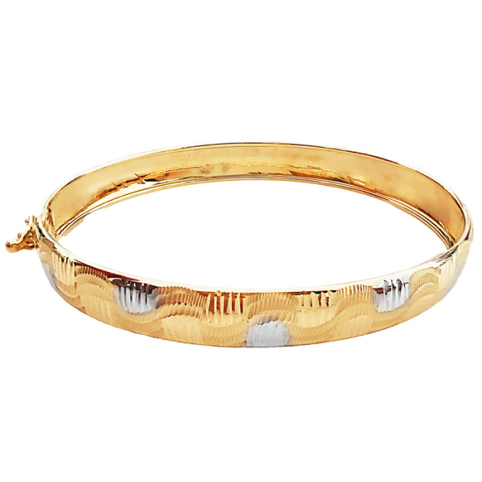 Bransoletka złota bangle 585 szeroka z białym złotem i zdobieniem 5,39g Bransoletka złota bangle 585 szeroka z białym złotem i zdobieniem 5,39g