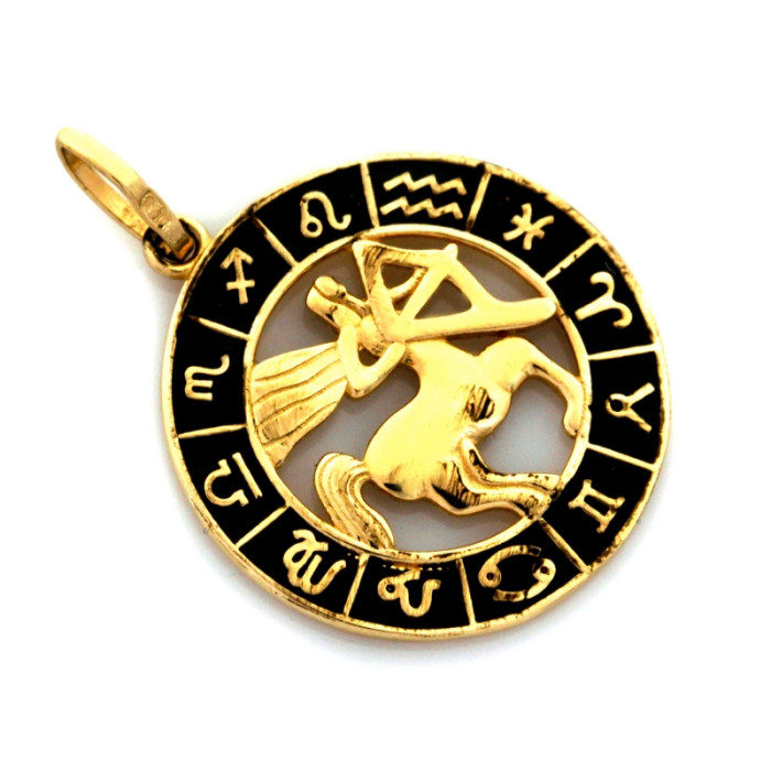 Złota zawieszka Strzelec z czarną emalią i próba 585 znak zodiaku stylowa biżuteria Złota zawieszka Strzelec z czarną emalią i próba 585 znak zodiaku stylowa biżuteria