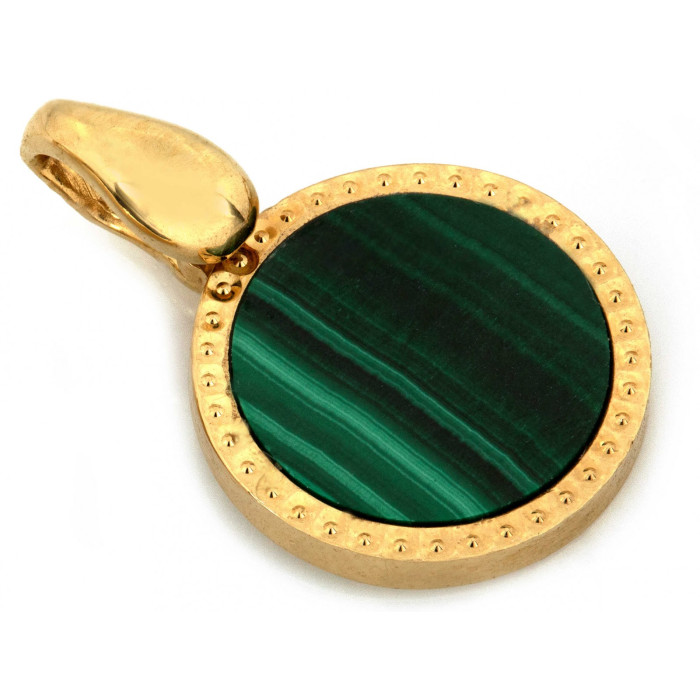 Złota zawieszka okrągła z malachitem i próbą 585 elegancja w prostocie Złota zawieszka okrągła z malachitem i próbą 585 elegancja w prostocie
