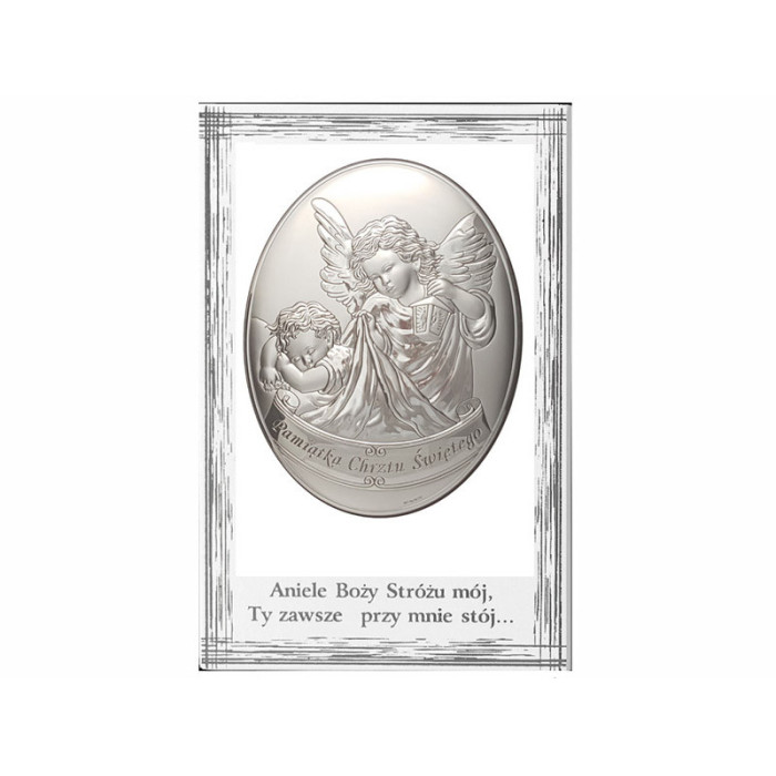 SREBRNY OBRAZ 925 ANIOŁ STRÓŻ W RAMIE 9x13,5cm Z GRAWEREM