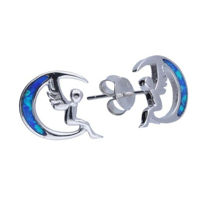 Srebrne kolczyki 925 opal aniołek i księżyc 1,53g Srebrne kolczyki 925 opal aniołek i księżyc 1,53g